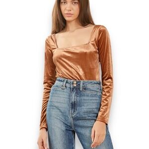 LULU'S You're Invited Rust Brown Square Neck Velvet Bodysuit Size Small |‎ EUC